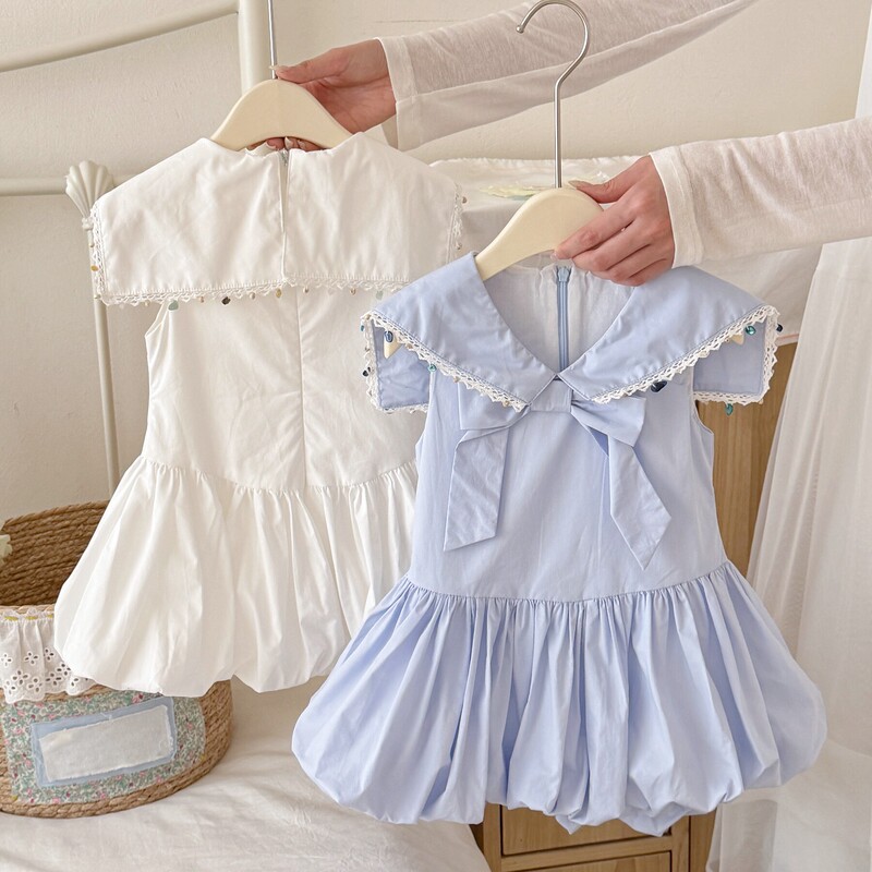 College Style Navy Collar Bow Dress for Women, Summer Sweet Bud Skirt, Princess Blue Mid-Length Skirt