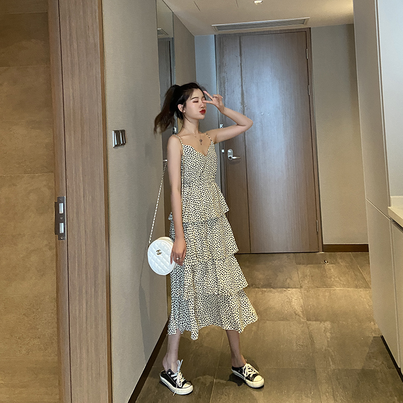 Wave Dot Harnesses Foreign Dress Women 2021 Summer New French Broken Flowers Snowspun Skirt Cake long dress Sexy Skinder