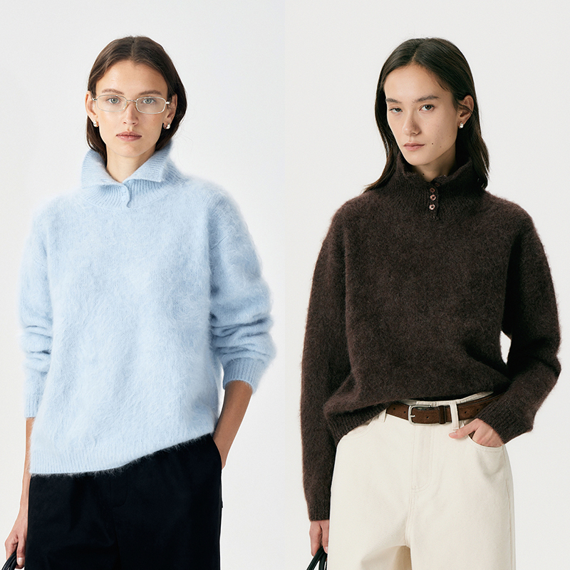 Thornsaura 100% Sheep Wool High-Count Yarn Washed Brushed Stand Collar Drop Shoulder Pullover Sweater for Women