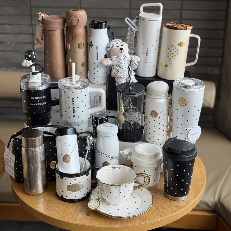 Starbucks Cup with Polka Dots, Wax Seal Design, Chanel-Style Stainless Steel Insulated Straw Mug, Elegant Gift Starbucks Cup with Polka Dots, Wax Seal Design, Chanel-Style Stainless Steel Insulated Straw Mug, Elegant Gift