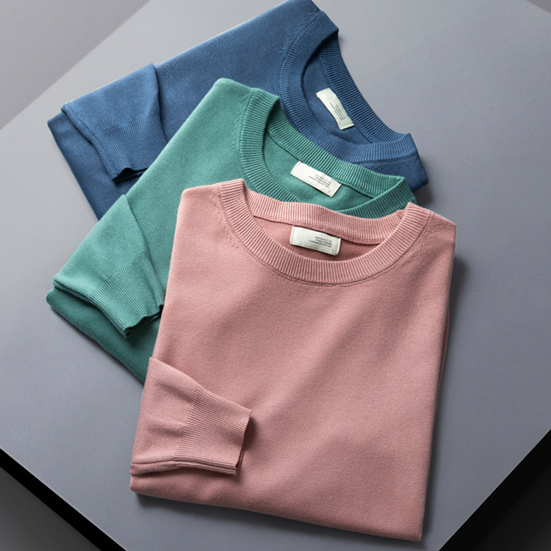 Round-collar sweater for men's spring and autumn business loose men's pure color inner hitch sweatshirt bottom-shirt-thin men's knitted sweatshirt-Taobao