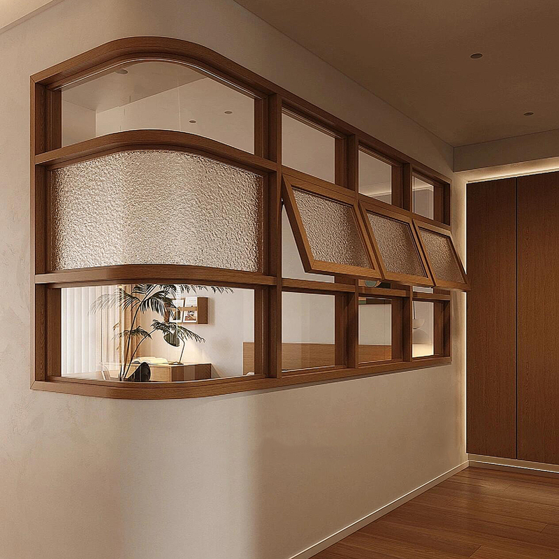 Walnut Wood Antique-Style Wooden Frame Glass Corner Window Arc-Shaped Curved Window Solid Wood Glass Folding Lift Indoor Decoration Walnut Wood Antique-Style Wooden Frame Glass Corner Window Arc-Shaped Curved Window Solid Wood Glass Folding Lift Indoor Decoration