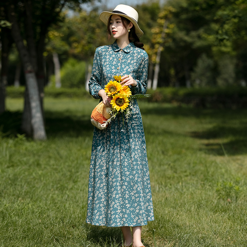 2024 Spring/Summer New Vintage Artistic Silk Cotton Floral Dress for Women, Loose Fit, Slimming, Pleated, Drawstring, Long Sleeve Maxi Dress