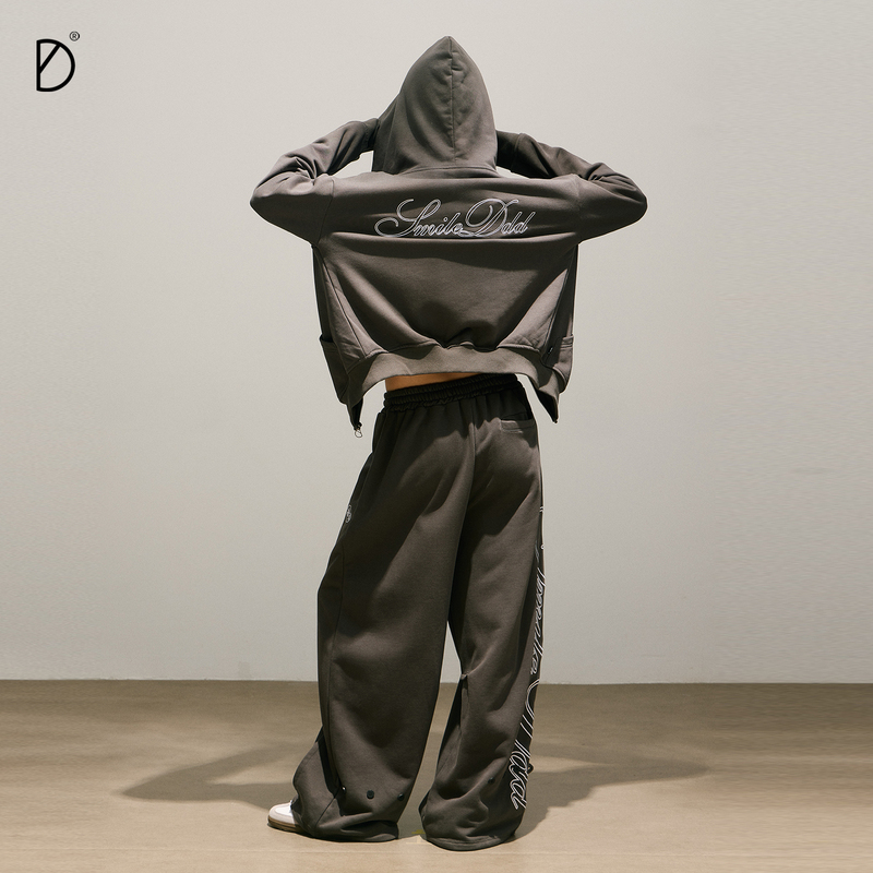 Smile Ddd【Boxing Set】Charcoal Gray 360g American-Style Embroidered Cardigan Loose Sports Casual Sweatpants