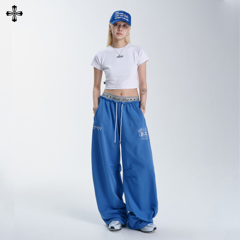 Smile Ddd【High-Waisted Pants】Retro Blue Sweatpants Summer Sports Casual Pants with Adjustable Cuffs Dance Long Pants for Women