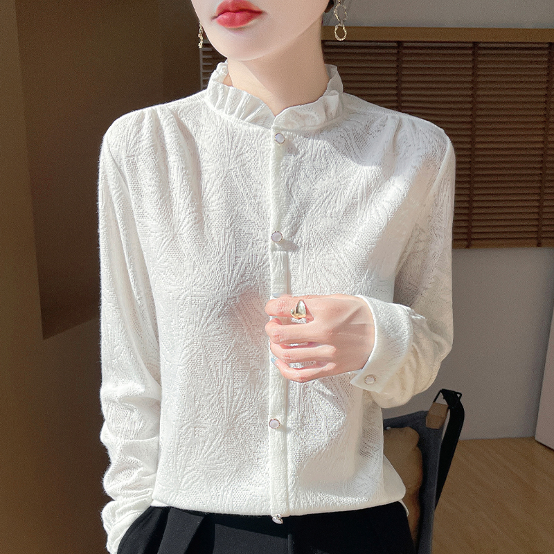 Spring and Autumn New Style High-End Embossed Crochet Half-High Collar Lace Cardigan Knitted Base Shirt with Lace Trim Sweater for Women