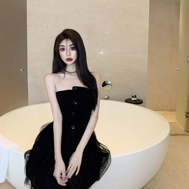 Celebrity temperament small dress light luxury slim tube top dress female summer spring small irregular mesh small black dress