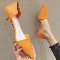 French high heels womens fine heel 4cm small work shoes breathable pointed hollow sandals candy color orange