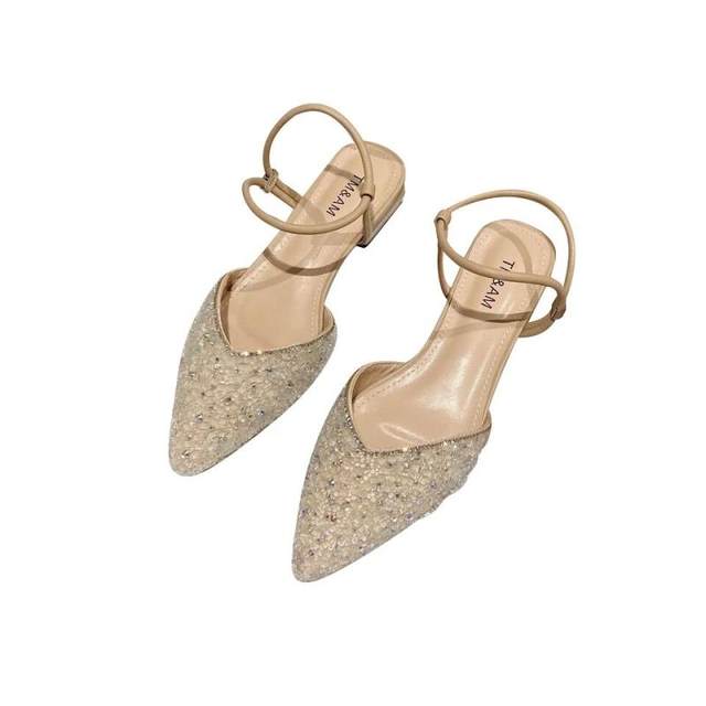 ເກີບແຕະຕີນແບບ Fairy style 2024 summer new style flat toe bag with rhinestones fashion versatile sequined shoes