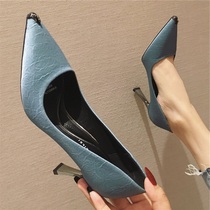 Blue high heels 2021 spring new metal pointed French girl Net red hipster Joker thin heel single shoes