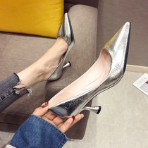 European and American fashion gun color sexy high heels 2021 Spring New pointed thin heel crack mirror single shoes women Silver