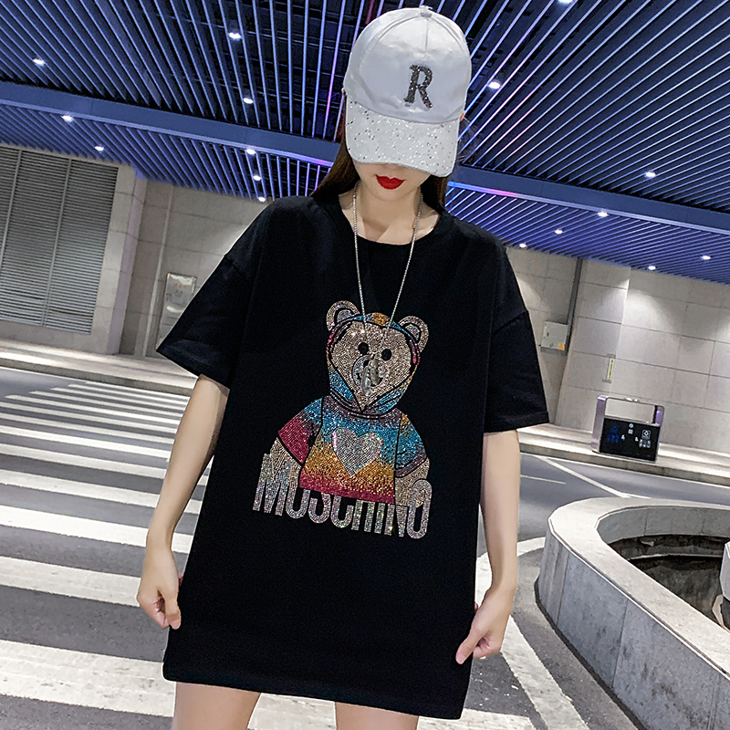 BlackMedium and long term Hot drilling Internet celebrity T-shirt female ins Superfire Short sleeve easy Spring and summer clothes 2021 new pattern Lower garment be missing jacket