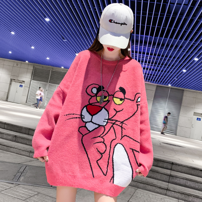 PinkPink sweater female easy Wear out Condom Lazy wind 2019 new pattern Versatile Medium and long term jacket Undershirt Autumn and winter