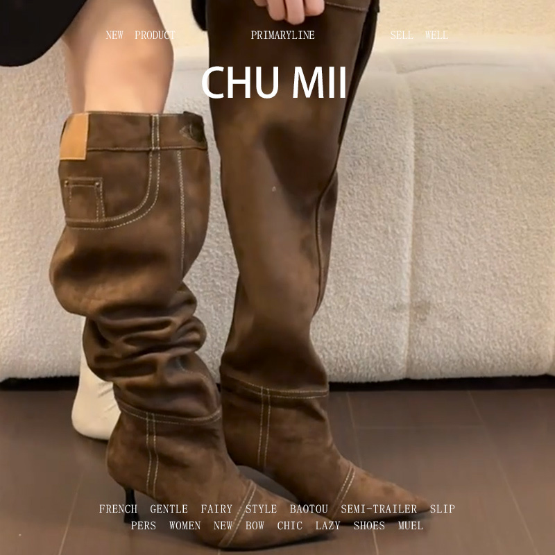 Sheepskin Version~French-Style High-Heeled Sexy Rider Boots for Women, Retro Pointed-Toe Stiletto Boots, Large Calf Circumference Cowboy Boots