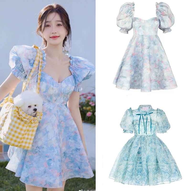 In-Stock Selkiecollection Yu Shuxin Same Style Printed Dress Two-Piece Set Blue and White Porcelain Dress