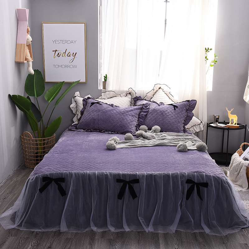 Tinh thể nhung giường váy giường bao gồm duy nhất mảnh công chúa gió ren cạnh dày ấm san hô mặt bích cộng với nhung không trượt tờ