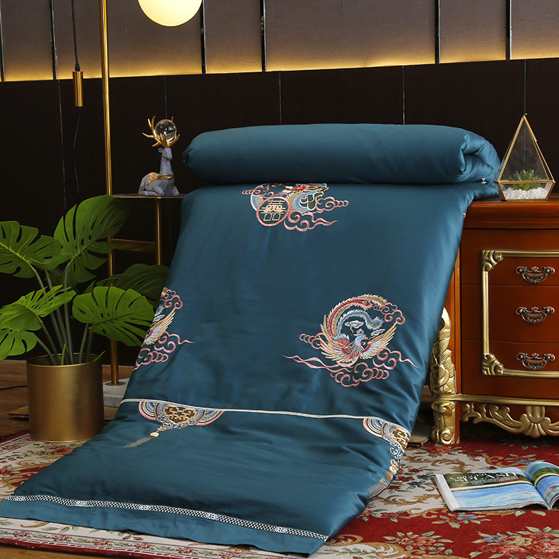 Wedding silk quilt cotton dragon and phoenix embroidery green happy quilt cover dowry summer quilt spring and autumn thickened 10 catties winter quilt