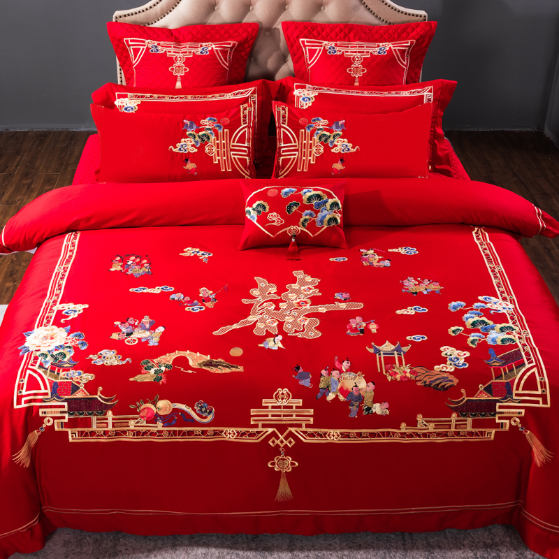 Cotton 100 long-staple cotton wedding 4-piece set big red Baizi embroidery flower wedding quilt cover 60-piece bedding