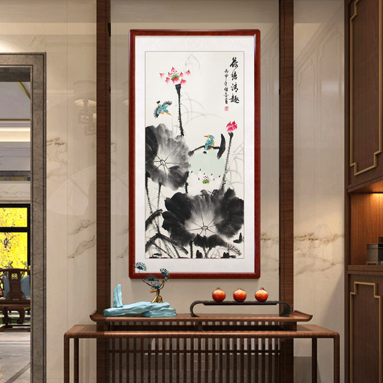 Ho Tong Qing anecdotics paper hand painted with frame flower bird country painting lotus picture living room Xuanguan Book room tea room with frame Rongbao Lin