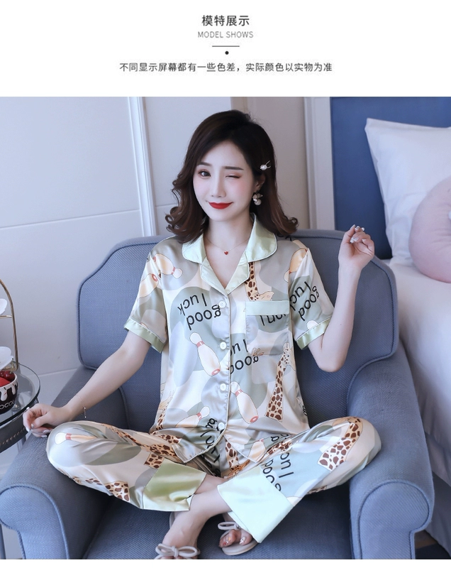 Mùa xuân và mùa thu quần ngắn tay ngắn băng vải pijama nữ dễ thương và ngọt ngào có thể được mặc bên ngoài bộ đồ hai mảnh lụa phục vụ mùa hè ở nhà - Cặp đôi