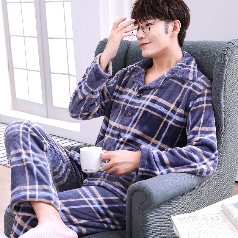 Mùa thu / mùa đông mới dầy san hô nhung pajamamen cardigan dài tay áo danumberd giữa năm flannel nhà phù hợp.