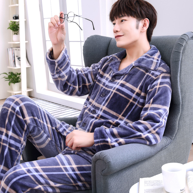 Mùa thu / mùa đông mới dầy san hô nhung pajamamen cardigan dài tay áo danumberd giữa năm flannel nhà phù hợp.