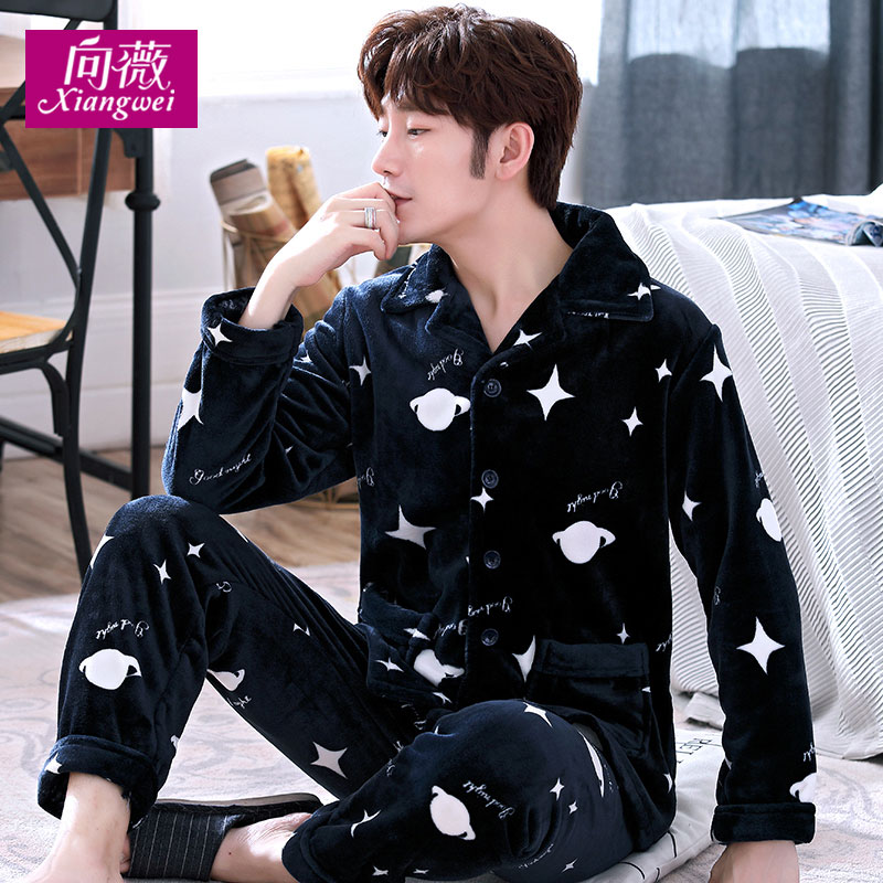 mùa thu đầy sao lãng mạn và mùa đông hô mens nhung bộ đồ ngủ hoạt hình ấm dày cardigan flannel nhà phù hợp.