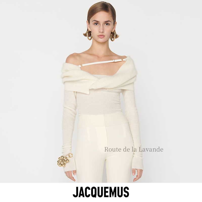 Jacquemus One-Shoulder Knitted Top for Women, Autumn Design, Off-Shoulder Solid Color Sweater, Same Style as Yi Mengling