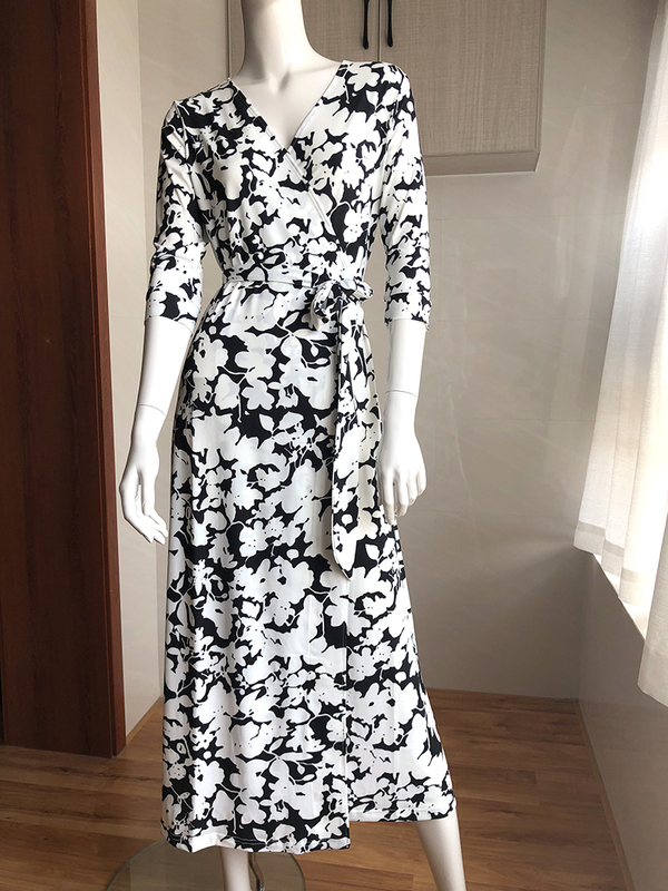 D*F Wrap Dress Black and White Floral 2025 Spring/Summer Slim Fit V-Neck Tie One-Piece Dress Wrap Dress
