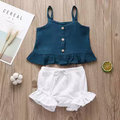 INS female treasure summer baby sling wooden ear edge top shorts pants Western style suit lace clothes