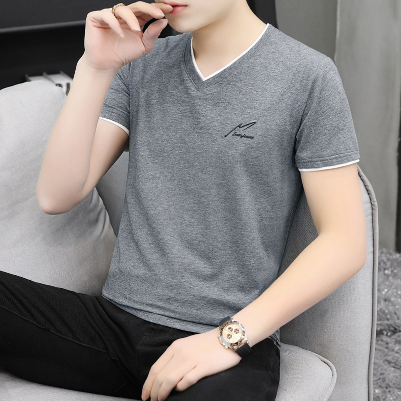 Pure cotton V - sleeve T - shirt men summer 2023 new tide - tide wear loose ice - sensitive half sleeve clothes