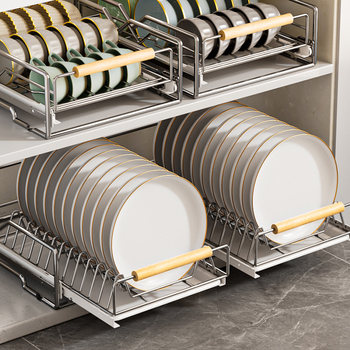 Stainless Steel Dish Storage Rack Cabinet Pull-Out Basket Kitchen Plate Drawer-Type Storage Rack Pull-Out Cupboard Built-In Dish Rack