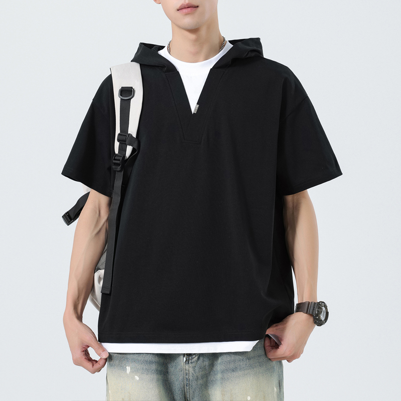 American Retro Street Style Fake Two-Piece Hooded Short-Sleeve T-Shirt for Men, Loose Trendy Hooded Pure Cotton Sports Top for Men