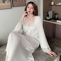 French sexy lace sleeping dress spring and autumn ice wire long sleeve sleeve pajamas red and white court silk home dress summer