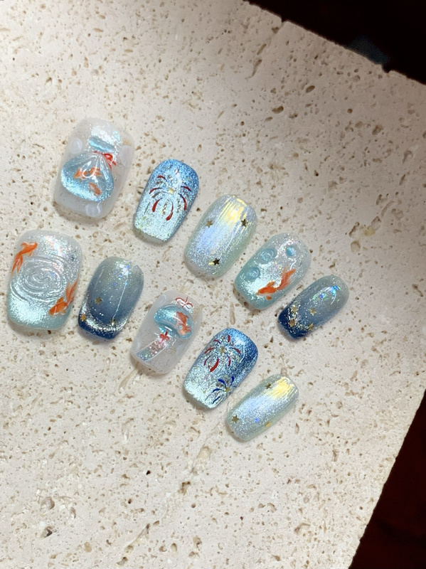 Original ~ Summer Festival Handmade Nails Blue Cat's Eye Fireworks Goldfish Summer Cool Feeling Design Daily Short Nails