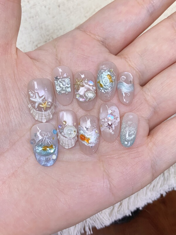 New Handmade Wearable Nails, Little Goldfish Ocean Style, Summer Creative Cool Nails, ins Style, Everyday Short Nails That Make Your Skin Look Fairer New Handmade Wearable Nails, Little Goldfish Ocean Style, Summer Creative Cool Nails, ins Style, Everyday Short Nails That Make Your Skin Look Fairer