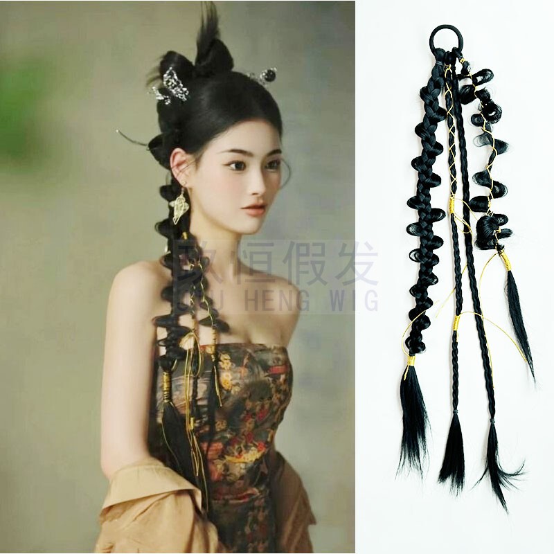 New Chinoiserie Wig Ponytail Female Artificial Hair Gold Thread Braid Dressing Gown Twist Braid Bridal Style Wig Braid Photography