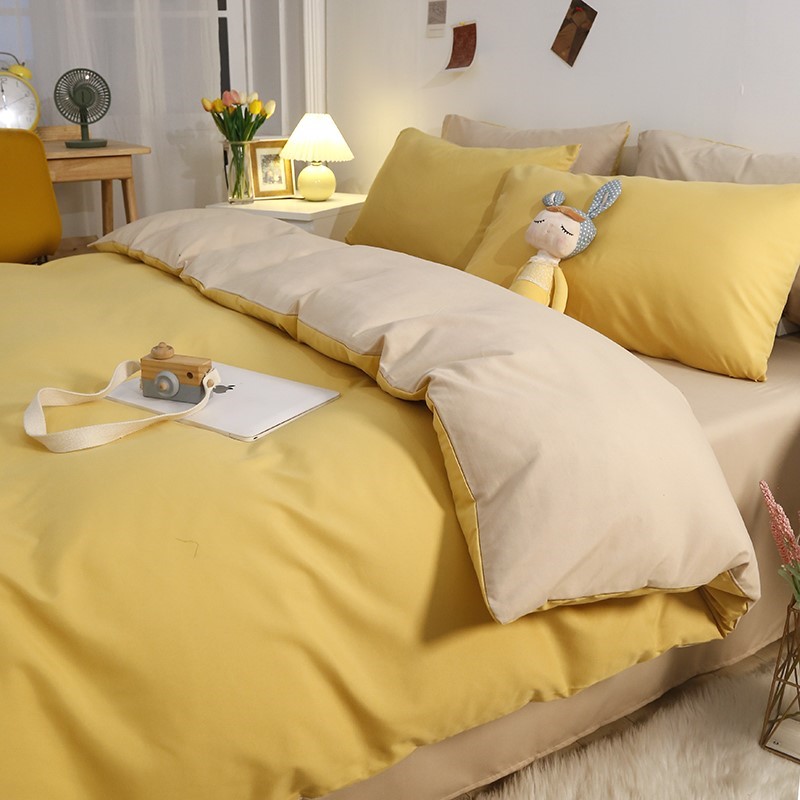 Washed cotton sheets and quilt cover four-piece Nordic summer yellow quilt student dormitory single bed sheet three-piece set