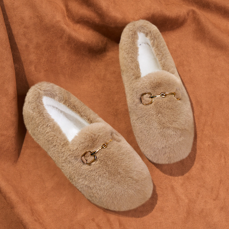 Furry Shoes for Women, Autumn and Winter Outdoor Wear, 2025 New Style, Fleece-Lined Warm Shoes, Popular Loafers, Soft-Soled Winter Flat Cotton Shoes