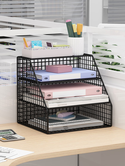 Desktop File Rack Folder Storage Box Metal Office Iron Art Multi-Layer File Classification Organizer Desk Document Storage Rack Office Supplies Book Stand File Organizer Basket Book Stand Rack