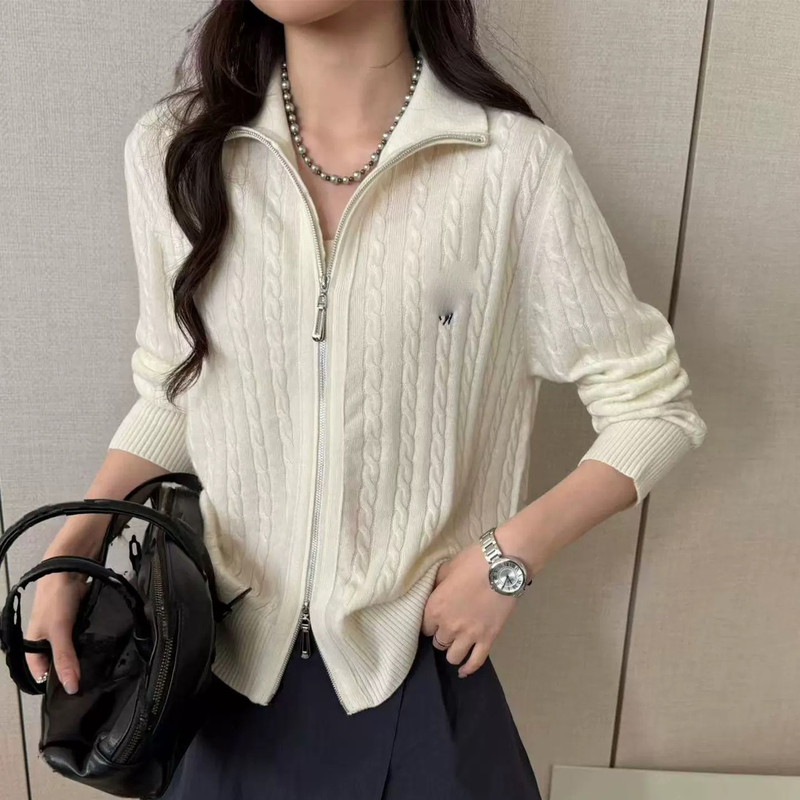 European Style Horse Embroidery 100% Pure Wool Zip-Up Knit Cardigan for Women, Autumn/Winter 2025, Stand-Up Collar, Reversible, Cable Knit Sweater