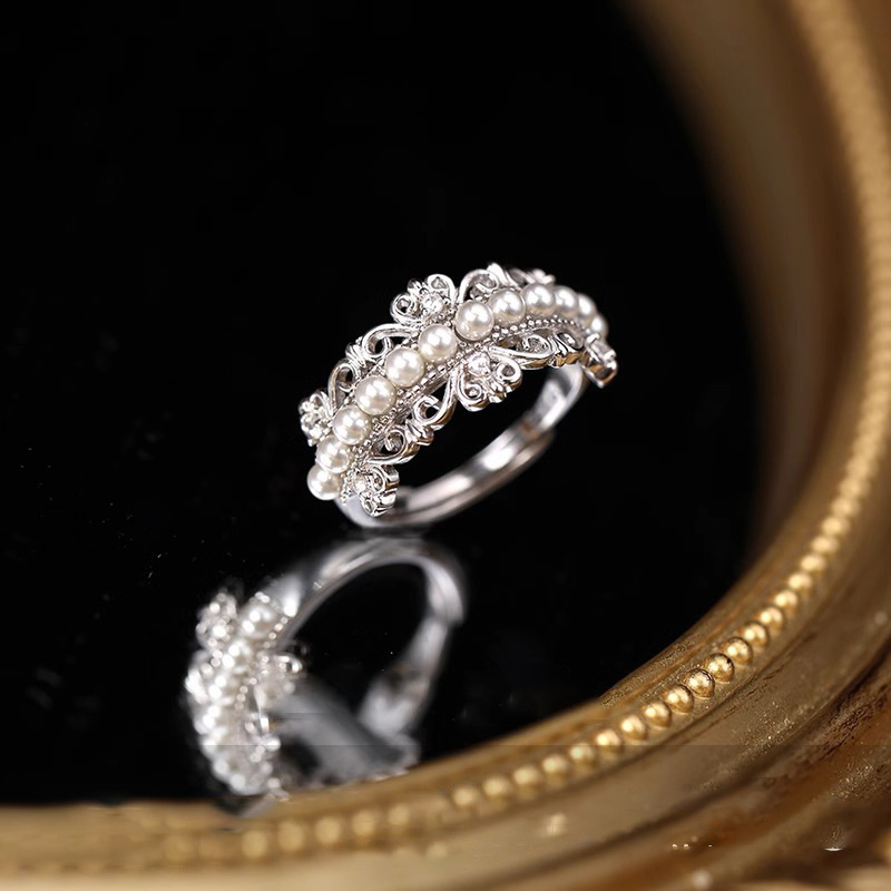 Swiss Francesca S925 Sterling Silver Shell Pearl Lace Crown Ring with a High-End Luxury Feel, Adjustable Index Finger Ring