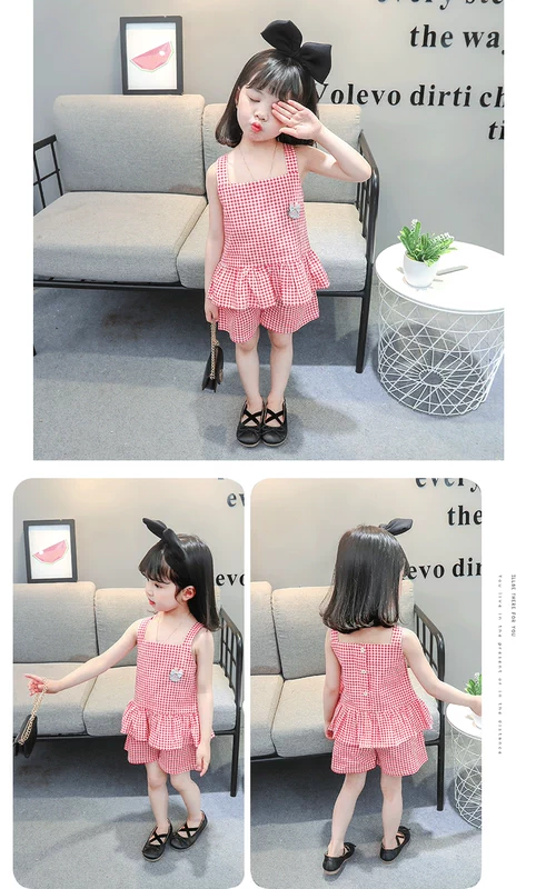 Quần áo trẻ em cô gái váy mùa hè phù hợp với thời trang phong cách phương tây lưới lưới màu đỏ trẻ em trẻ em trẻ em áo vest ngắn tay hai mảnh - Phù hợp với trẻ em