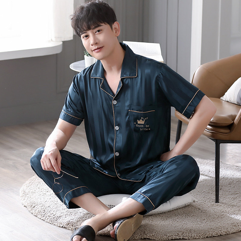 Ice-silk pajamas summer simulation silk large casual suit summer short sleeve long trousers for men's home clothes thin