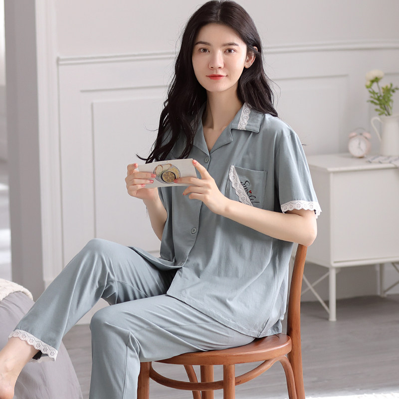 2021 new modal pajamas women's short-sleeved trousers lace lapel summer two-piece set cotton silk home clothes thin section