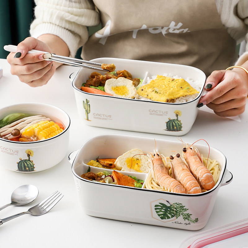 Microwave heating special ceramic compartment lunch box lunch box with lid sealed office worker with rectangular fresh-keeping bowl