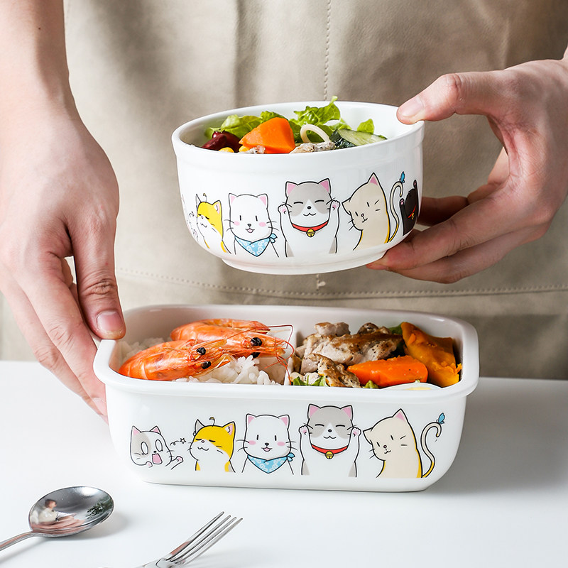 Ceramic lunch box student female office worker with lid microwave oven heating cartoon Lattice Type Meal Kit Boxed Boxed Box