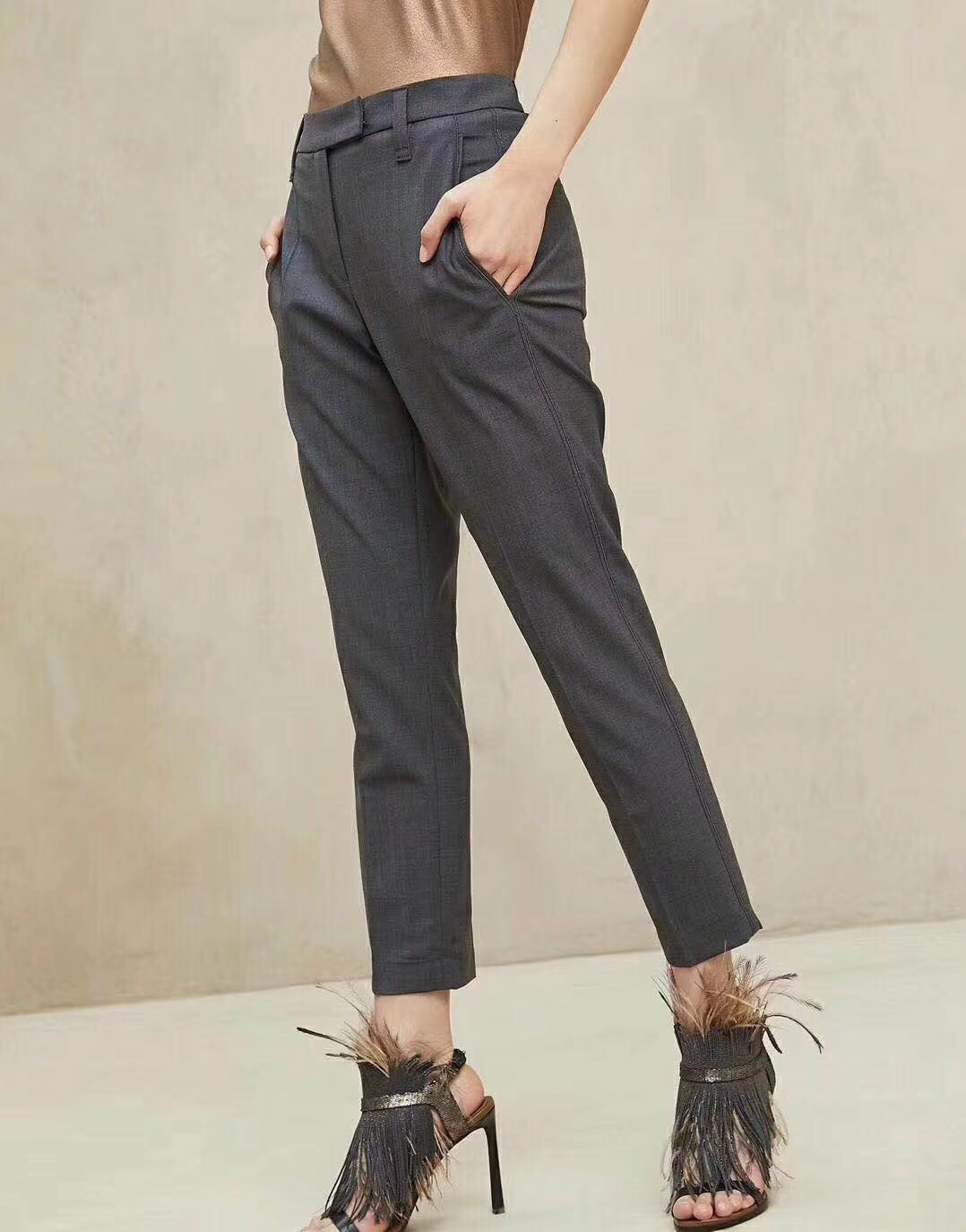 Pure ban đầu BC handmade đính cườm chuỗi 75% len nguyên chất Slim fit chín quần nữ phù hợp với quần quần nữ ống rộng