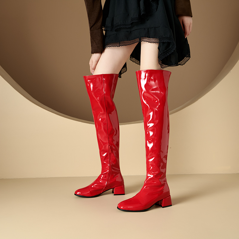 3246 Autumn and Winter Student Boots Women's Over-The-Knee Boots Side Zipper Thick Heel Patent Leather Red Knight Boots Performance Catwalk Boots