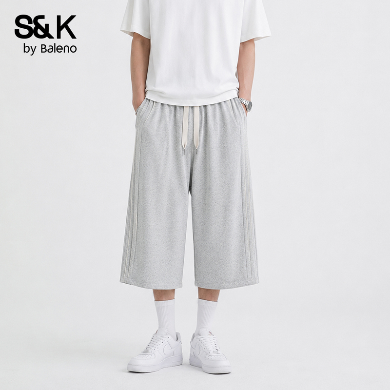 Baleno Summer Floral Gray Solid Color Versatile Loose Men's Cropped Pants Trendy Cool Cropped Pants